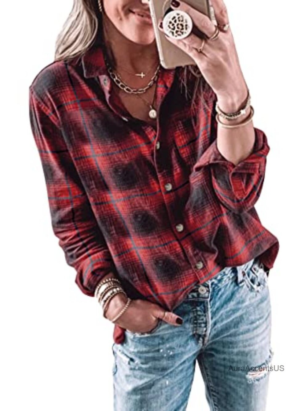Womens Plaid Flannel Long Sleeve Button Down Shirt Casual Office Cotton Blend